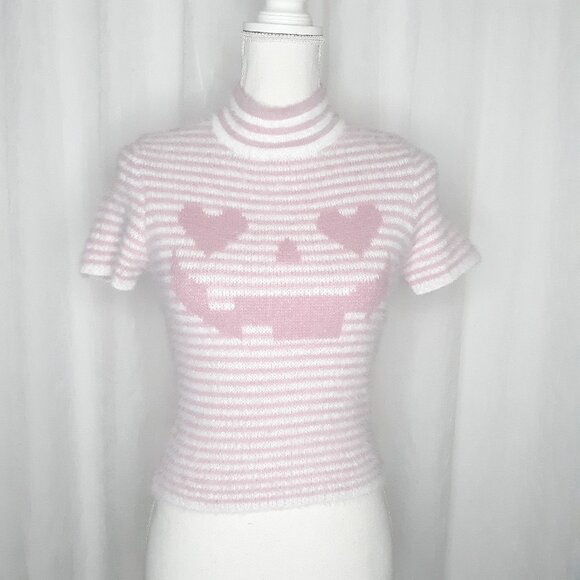 Sweet Society Pink Kawaii Pumpkin White Stripe Sweater - Picture 1 of 9